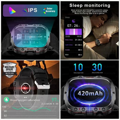 2024New Rugged Military Fitness Smart Watch Men For Android