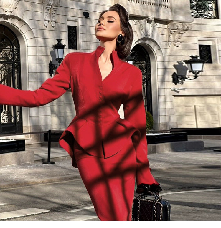 # Sisjuly# Fashion Fashion Elegance Business Style Button Long Sleeves Tops High Waist Mid Skirt Suit Women