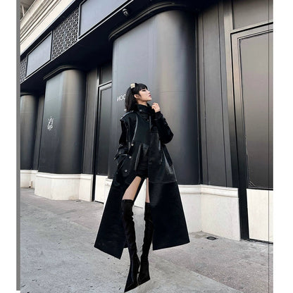 Retro Fancy Black Textured Windbreaker for Women 2025 Winter New High Neck Temperament Waist-Controlled Long Fur Coat