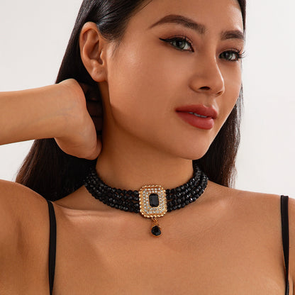 Women's Square Diamond-Embedded Acrylic Beads Multi-Layer Necklace Affordable Luxury Fashion Wide Elegant Internet Hot Fashionable Clavicle Chain