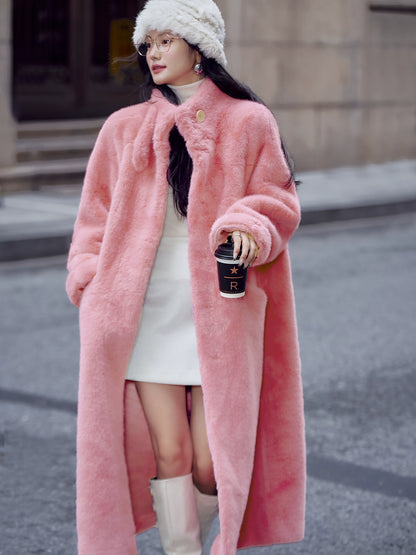 Basic House/Baijiahao New Year Battle Robe Rose Red Classy Furry Coat Female Winter Long Environmental-Friendly Fur