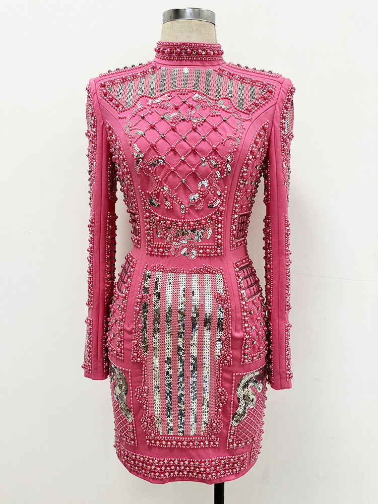 VC Autumn&Winter Diamond studs Short Dress Long Sleeves Beaded Sparkling Elastic Tight Bodycon Party Cocktail Gown