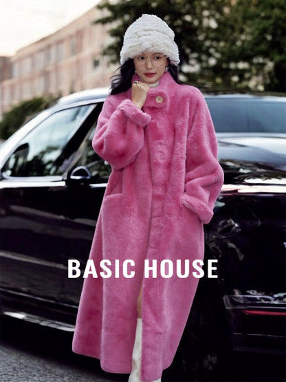 Basic House/Baijiahao New Year Battle Robe Rose Red Classy Furry Coat Female Winter Long Environmental-Friendly Fur