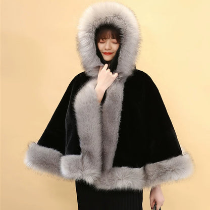 No. 19-Fall and Winter Bride Imitation Fox Fur Shawl Wedding Cloak Dress and Cheongsam Fur Cape Coat White Thick Women