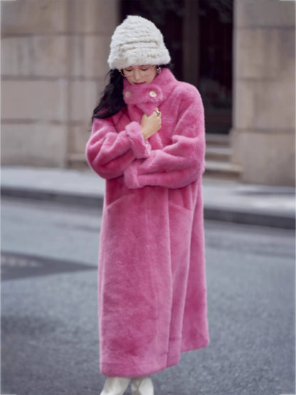 Basic House/Baijiahao New Year Battle Robe Rose Red Classy Furry Coat Female Winter Long Environmental-Friendly Fur