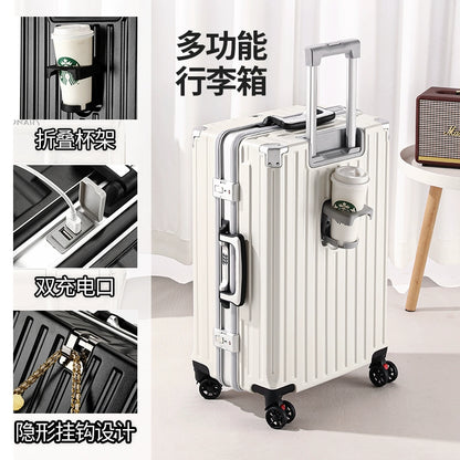 Multifunctional Luggage Women Men's Trolley Case 20-Inch Boarding Aluminum Frame Charging Large Capacity Travel Password Leather Case