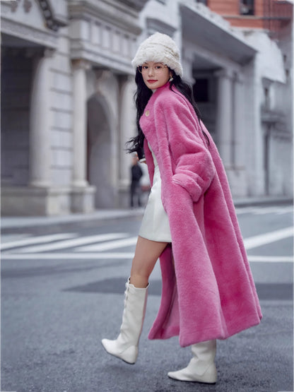 Basic House/Baijiahao New Year Battle Robe Rose Red Classy Furry Coat Female Winter Long Environmental-Friendly Fur