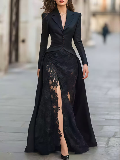 Women Sexy Dress Two Piece Sets Lace Hollow Out Spliced Long Dresses Full Sleeve Tight Waist Gown Evening Vestidos Party...
