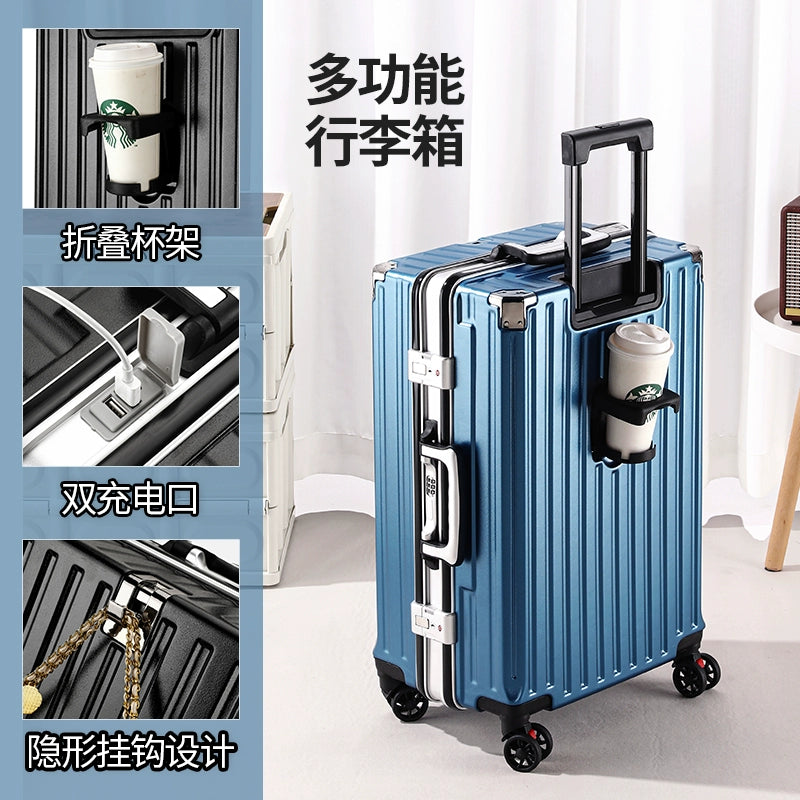 Multifunctional Luggage Women Men's Trolley Case 20-Inch Boarding Aluminum Frame Charging Large Capacity Travel Password Leather Case