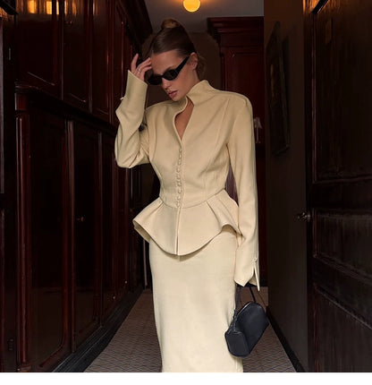 # Sisjuly# Fashion Fashion Elegance Business Style Button Long Sleeves Tops High Waist Mid Skirt Suit Women