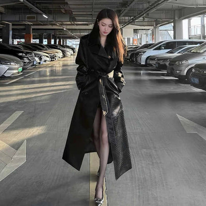 Yujie Cool and Chic Crocodile Pattern Patent Leather PU Leather Coat Outerwear Women Autumn New High-Grade Mid-Length Waist Hugging Trench coat