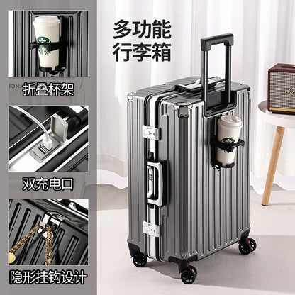 Multifunctional Luggage Women Men's Trolley Case 20-Inch Boarding Aluminum Frame Charging Large Capacity Travel Password Leather Case