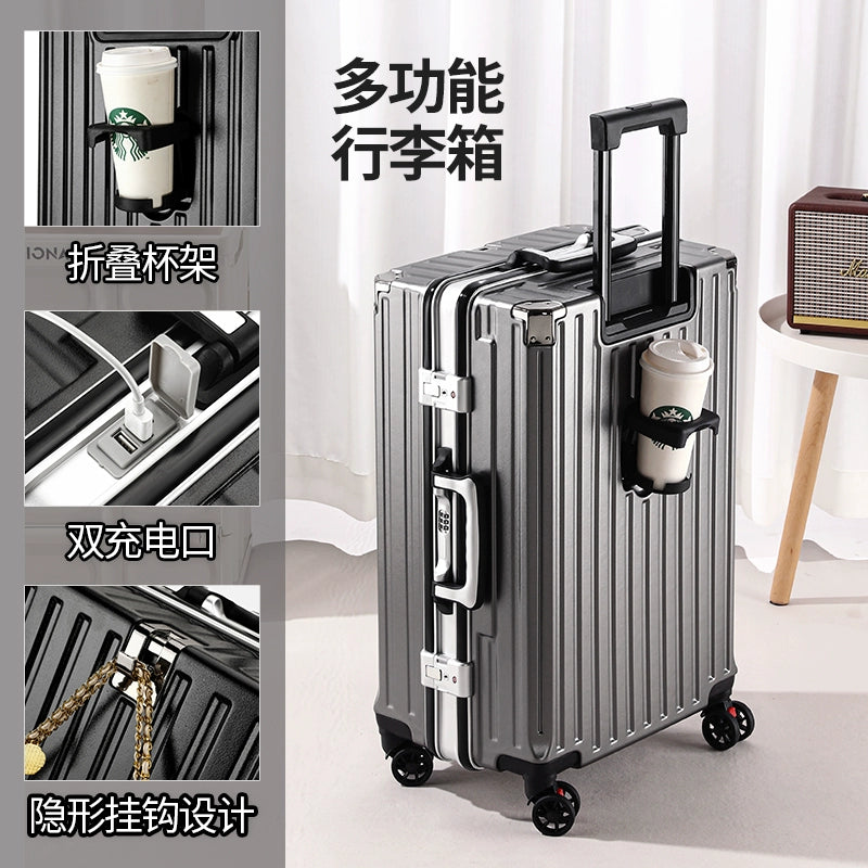 Multifunctional Luggage Women Men's Trolley Case 20-Inch Boarding Aluminum Frame Charging Large Capacity Travel Password Leather Case