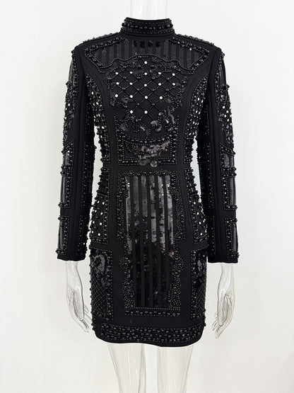 VC Autumn&Winter Diamond studs Short Dress Long Sleeves Beaded Sparkling Elastic Tight Bodycon Party Cocktail Gown