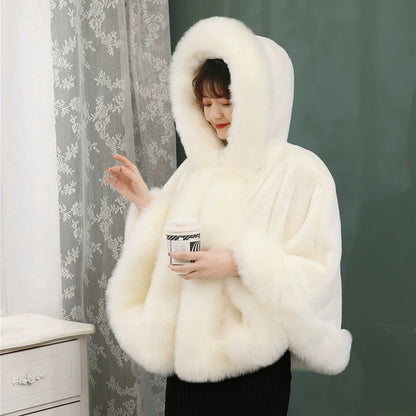 No. 19-Fall and Winter Bride Imitation Fox Fur Shawl Wedding Cloak Dress and Cheongsam Fur Cape Coat White Thick Women