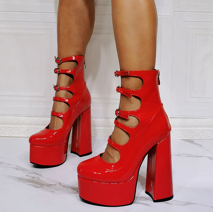 Hollow-out Bright Red Leather Chunky Heel Boots