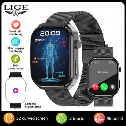 LIGE 2025 New AI Healthy Diagnose Smart Watch Blood Lipid Uric Acid Bluetooth Call Blood Pressure Health Smartwatch Men Women