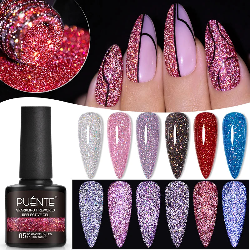 7.5ML Sparkling Reflective Glitter Gel Nail Polish Pink Purple Red Blue Colors Dark Flashing Nail Gel Soak Off UV Nail Varnish