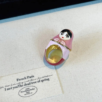 Colorful Enamel Oil Drip Doll Cute Russian Nesting Doll Green Frog Sweet Cool Stacking Ring for Women Girl Creative Jewelry