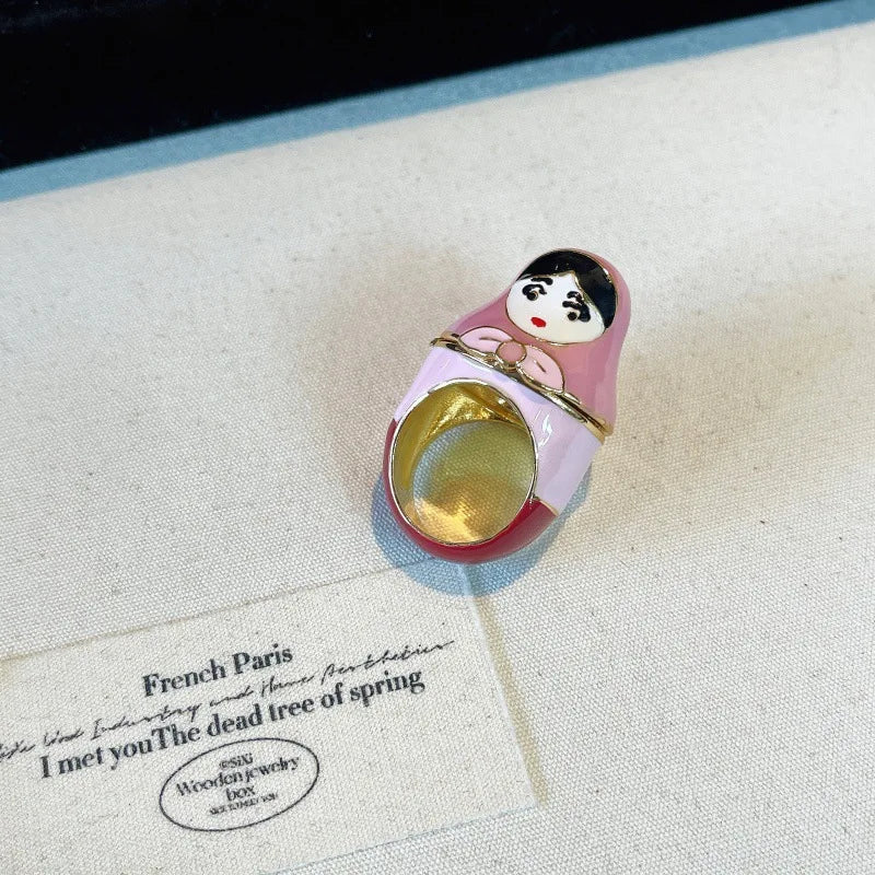 Colorful Enamel Oil Drip Doll Cute Russian Nesting Doll Green Frog Sweet Cool Stacking Ring for Women Girl Creative Jewelry