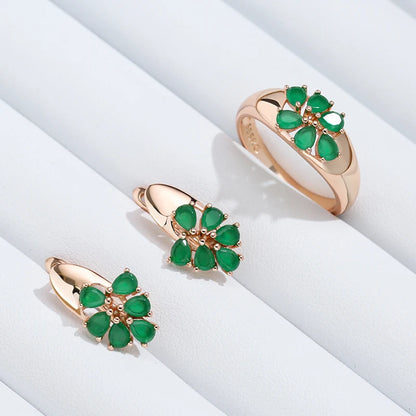 Kinel Hot Emerald Cut Natural Zircon Flower Ring for Women Unique 585 Rose Gold Color Earrings High Quality Daily Fine Jewelry