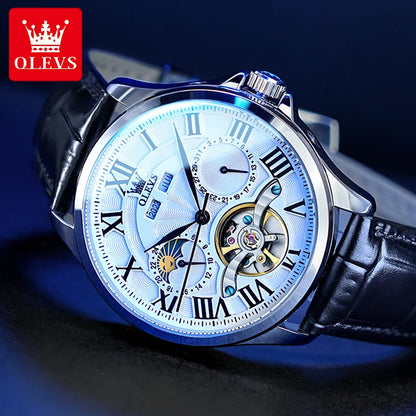 OLEVS 7013 Men's Watch Fashion Moon Phase Mechanical Watch For Men Waterproof Roman Scale Hollow Flywheel Automatic Hand Clock