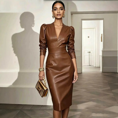 V Neck PU Leather Midi Dress Women Long Sleeve Bodycon Sheath Evening Party Dress | Kimlud Premium Dress