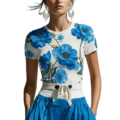 Yeezzi Women's Elegant Blue Floral Printed Matching Tops 2026 New Short Sleeves Round-Neck Slim Fit Casual Summer...