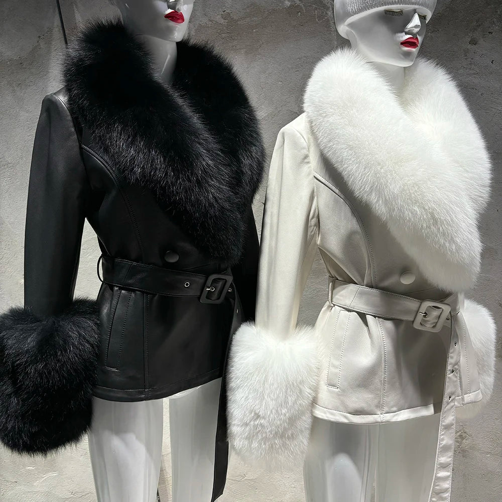 YOLOAgain Women's Real Fox Fur Collar Sheepskin Leather Jacket Coat Autumn 2024