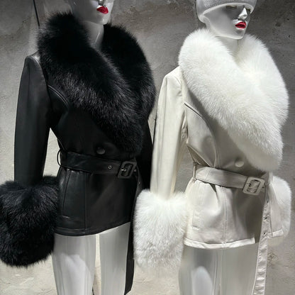 YOLOAgain Women's Real Fox Fur Collar Sheepskin Leather Jacket Coat Autumn 2024