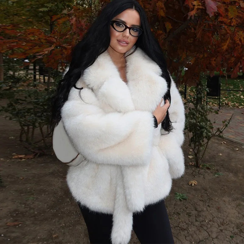 Luxury Thick Faux Fur Coat for Women Warm Soft Lapel Long Sleeve Eco-Friendly Outerwear for Autumn Winter Lady's Fur Coat