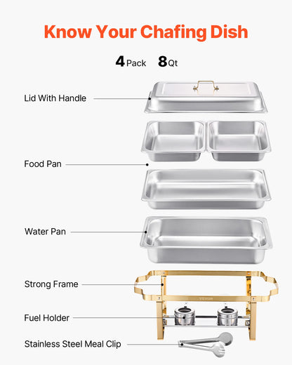 SucceBuy 8 Qt 4 Pack Chafing Dish Buffet Set Stainless Steel Chafer with 2 Full Size and 4 Half Size Pans Catering Warmer Server