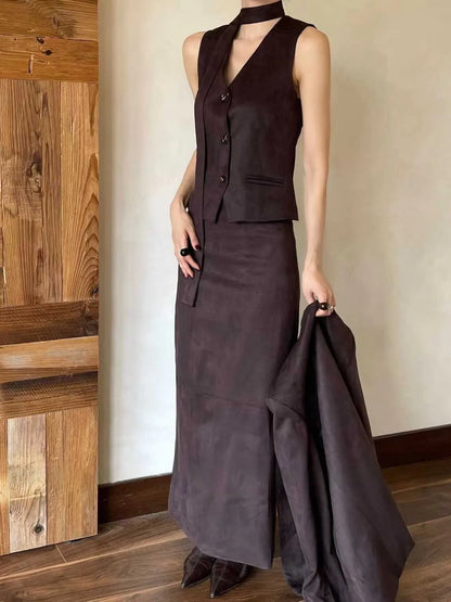 KWTX 2025 Women's 3 Pcs Suit Set Spring Fall V-Neck Blazer Single Breasted Vest Ribbon Tie Skirt Solid Color Elegant Retro