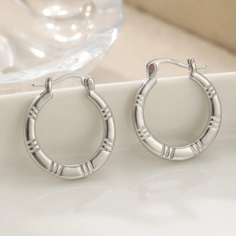 Vintage Silver Color Hoops Earrings Woman Circle Carving Party Daily Wear - Kimlud