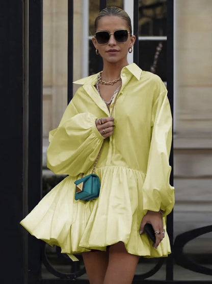 Lemongor Woman Cotton Blend Solid Color Shirts Short Dress 2025 New Fashion Puff Sleeves Pleated Elegant Party Mini Dresses - Kimlud