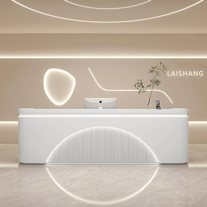 Unique White Reception Desks Organizers Display Drawer Led Lights Reception Desks Aesthetic Modern Bureau Commercial Furniture - Kimlud