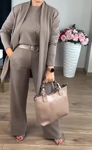 Pant Set Women Three Piece Sets Round Neck Full Sleeve Tops Mid Length Coats Wide Leg Long Pants High Waist Y2k Work 2025