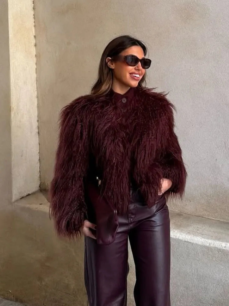 HH Women's New Faux Fur Effect Knitted Crew Neck Jacket Female Winter Elegant Temperament Single-Breasted Long Sleeve Coat