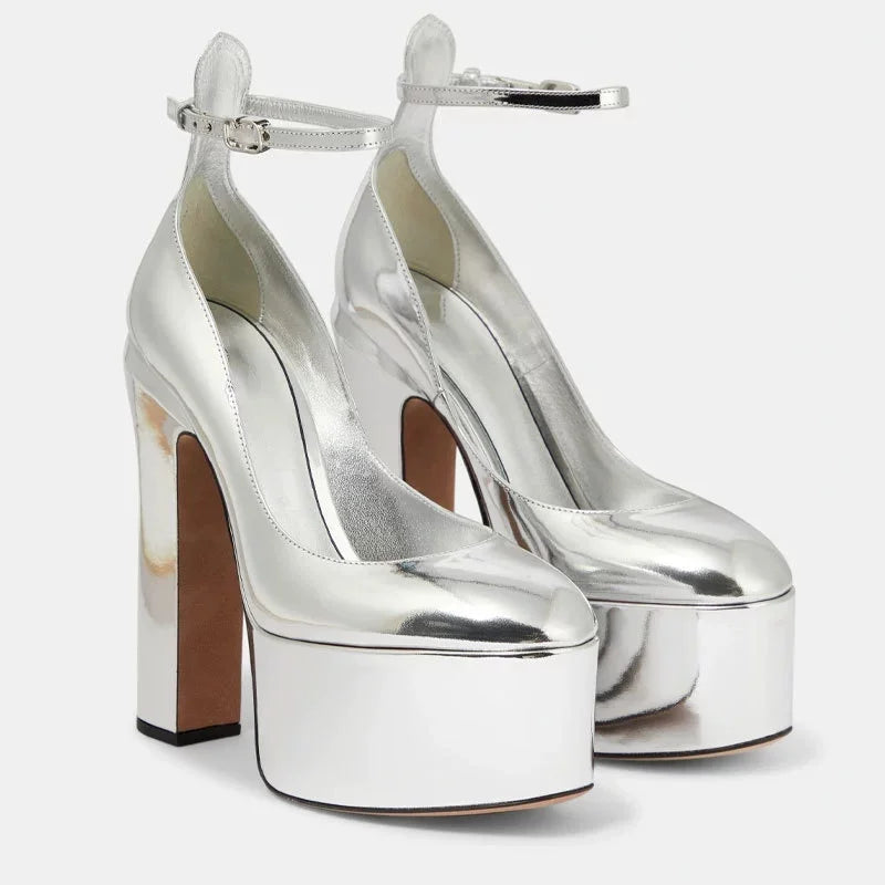 Europe And America Ultra High Heels Platform Women's Sandals Round Toe Crude Heel Female Pumps Patent Leather Lady Single Shoes - Kimlud