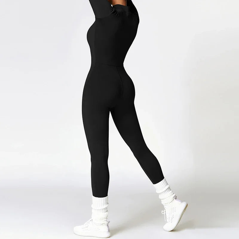 Warm Thin Fleece Jumpsuits Women's Tracksuit Winter One-Piece Sports Suit Black Fitness Jumpsuit Long Sleeves Workout Bodysuit - Kimlud