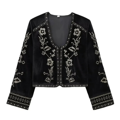 Women Vintage Velvet Embroidery Short Jacket Casual Slim Long Sleeve O Neck Jackets Winter 2025 New Elegant Simple Street Coat