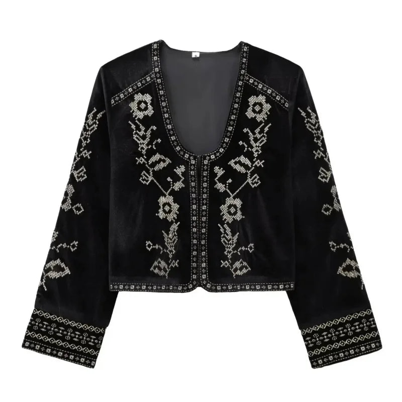 Women Vintage Velvet Embroidery Short Jacket Casual Slim Long Sleeve O Neck Jackets Winter 2025 New Elegant Simple Street Coat