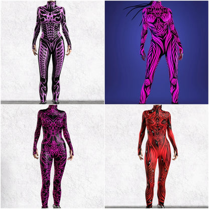 Women 3D Painted Cosplay Jumpsuit Cyberpunk Muscle Bodysuit Halloween Carnival Party Performance Zentai Suit Aerial Yoga