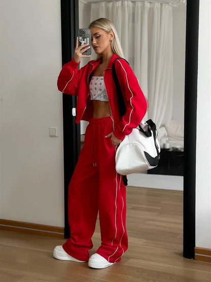 Casual Fashion Suit Ladies Zipper Cardigan Jacket Sports Tether Trousers Two-Piece Ladies Street Style Suit - Kimlud