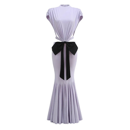 Sexy Elegant Backless Bow Lace Up Maxi Dress Women Sleeveless Hollow Out Party Evening Long Dresses White Purple Robes