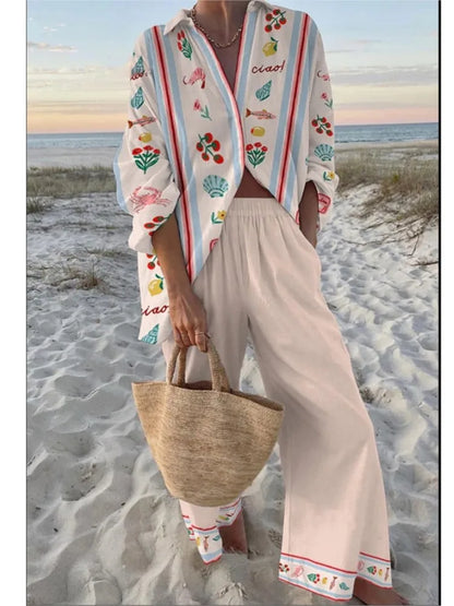 Casual Printed Two Piece Set Women Spring Summer New Fashion Comfort Holiday Button Long Sleeve Shirts And Wide Leg Pants 2 Sets