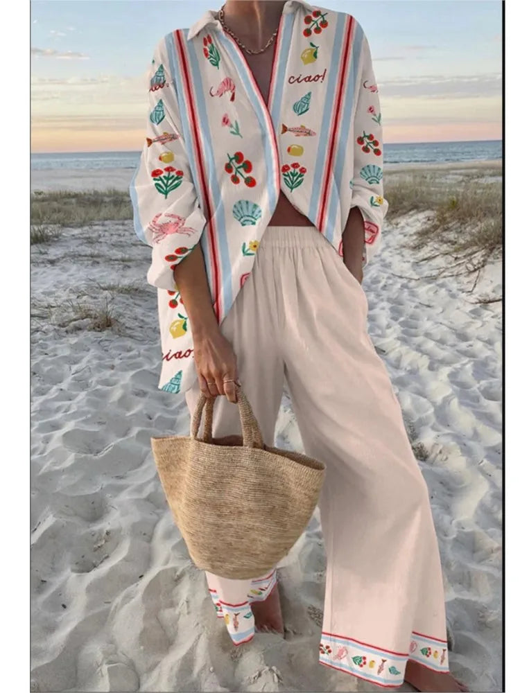 Casual Printed Two Piece Set Women Spring Summer New Fashion Comfort Holiday Button Long Sleeve Shirts And Wide Leg Pants 2 Sets