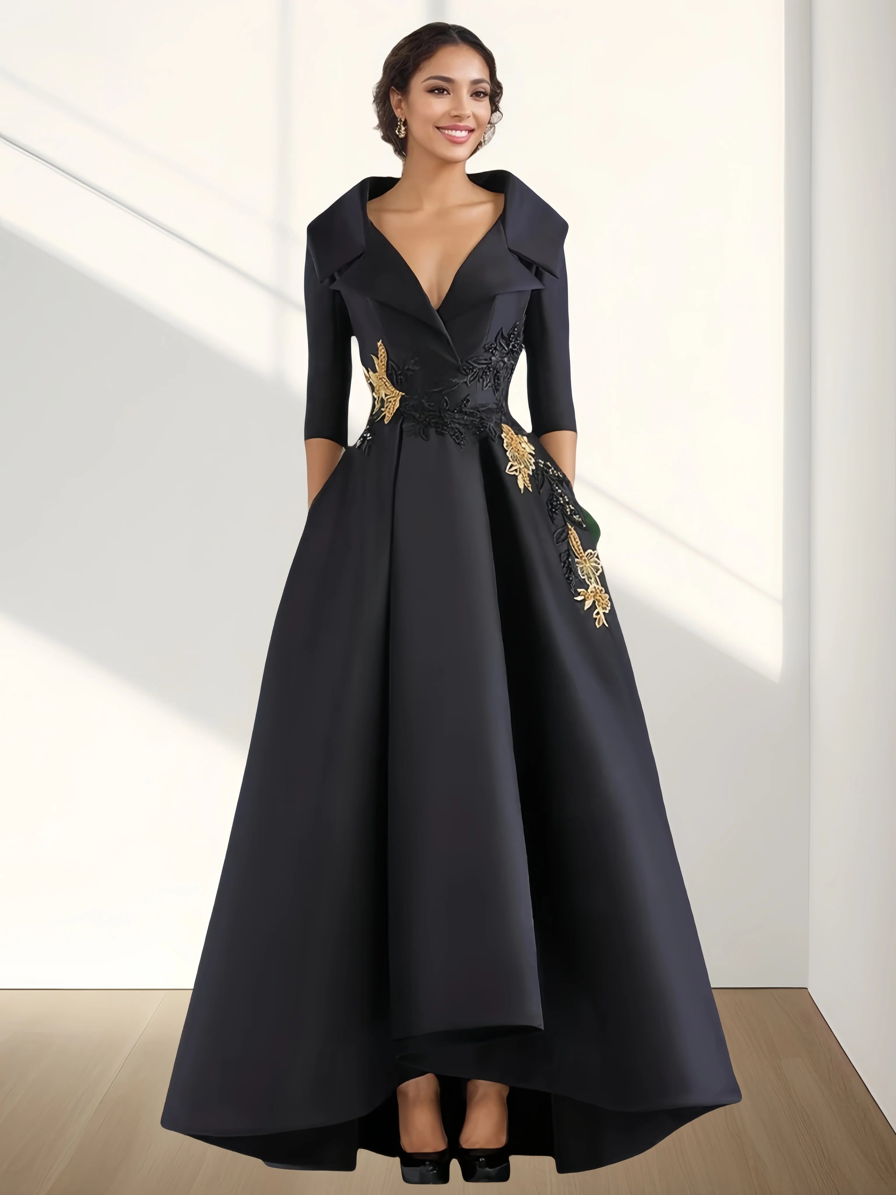 A-Line Evening Gown Vintage Elegant Dress Floor Length 3/4 Length Sleeve V Neck Satin with Beading Appliques 2024