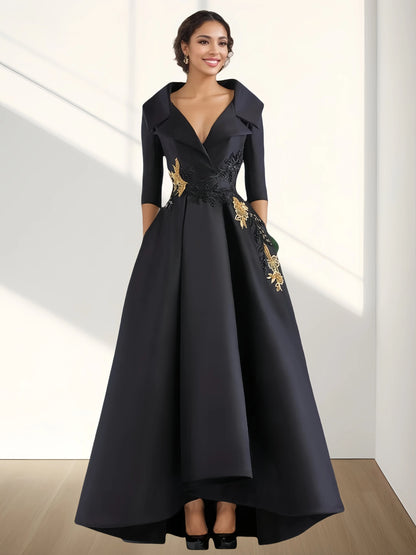 A-Line Evening Gown Vintage Elegant Dress Floor Length 3/4 Length Sleeve V Neck Satin with Beading Appliques 2024