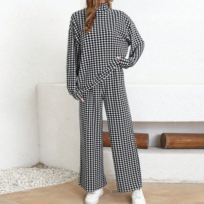Houndstooth Half High Neck Top Pant Suit Women Color Blocking Full Sleeve Oversized Tops Leg Loose Pants Sets Lady Spring Set - Kimlud
